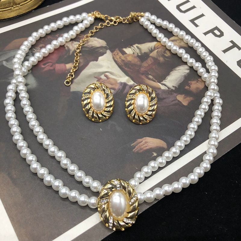 Rétro Ovale Perles Artificielles Alliage De Gros Des Boucles D'oreilles Collier