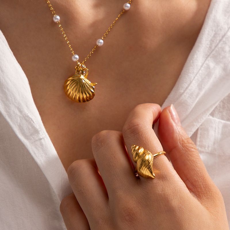 Ig Style Casual Starfish Shell Stainless Steel Pearl Plating 18k Gold Plated Pendant Necklace