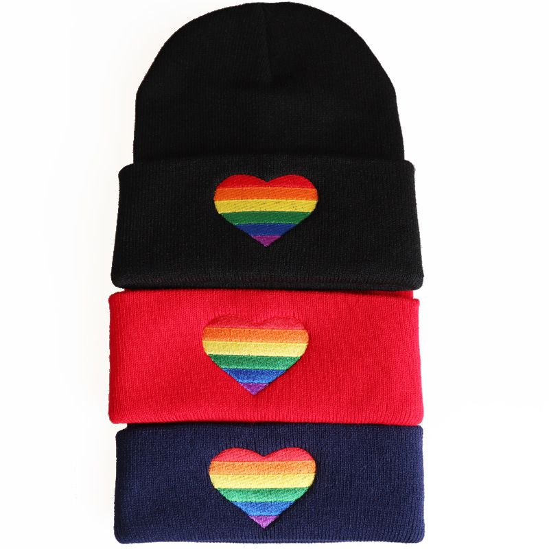 Unisex Simple Style Rainbow Heart Shape Embroidery Crimping Wool Cap