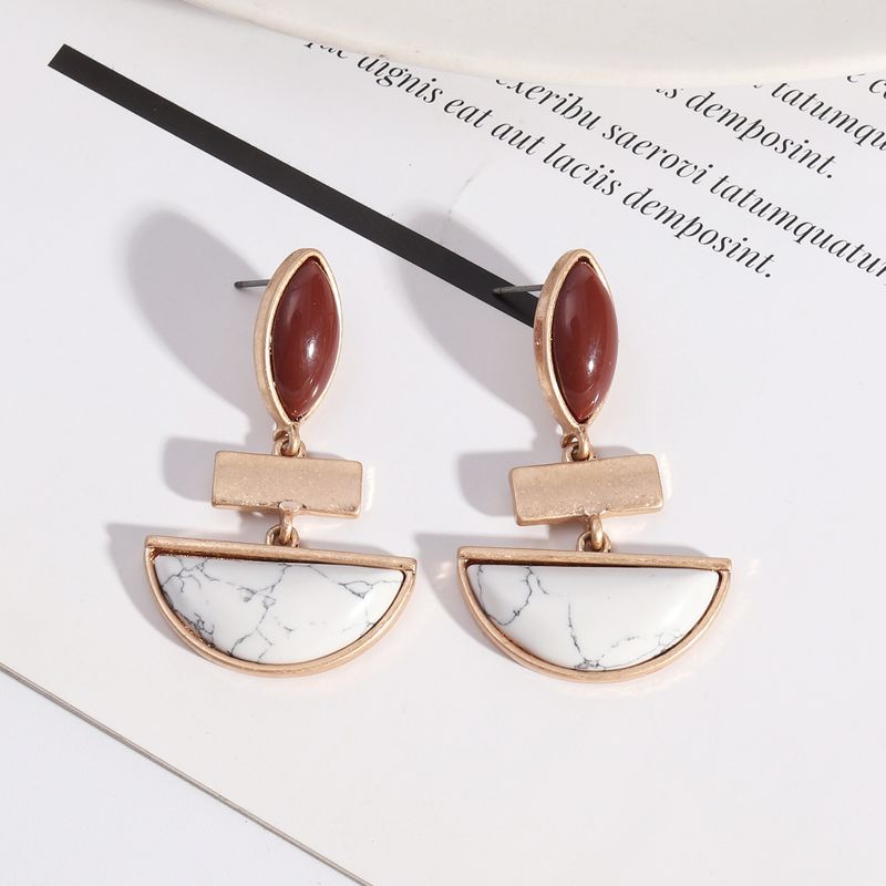 1 Pair Retro Exaggerated Artistic Semicircle Marble Plating Inlay Alloy Turquoise 18k Gold Plated Drop Earrings