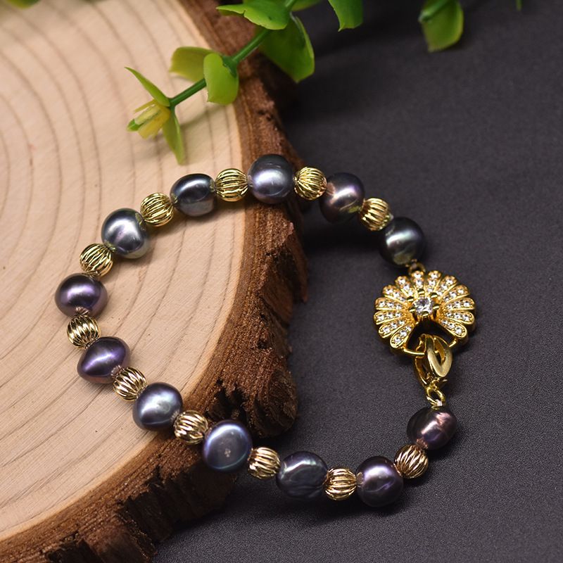 Elegante Retro Geométrico Perlas De Agua Dulce Cobre Enchapado Embutido Circón Chapado En Oro De 18 Quilates. Pulsera