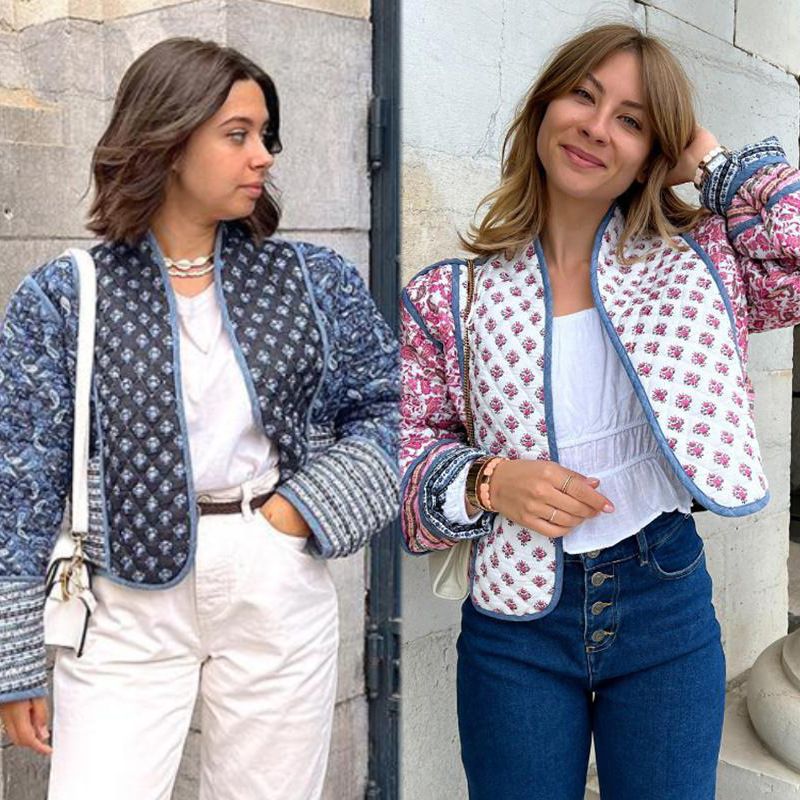 Mujeres Estilo Vintage Geométrico Impresión Abertura Abrigo Ropa De Algodón