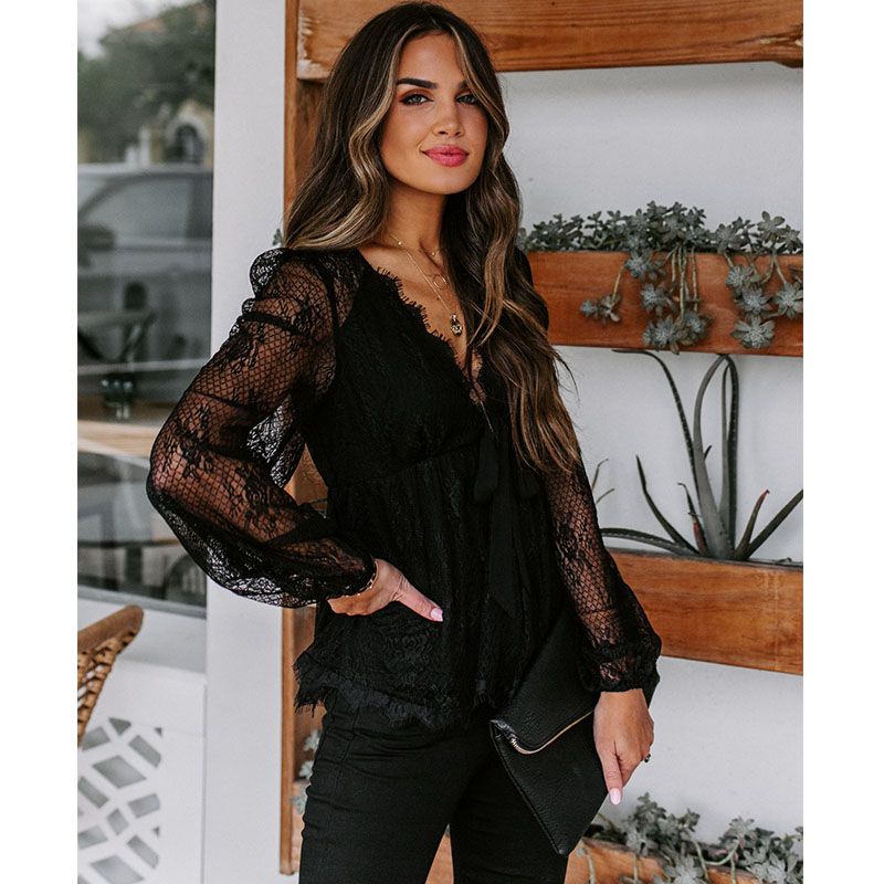 Women's Blouse Long Sleeve Blouses Lace Hollow Out Casual Solid Color