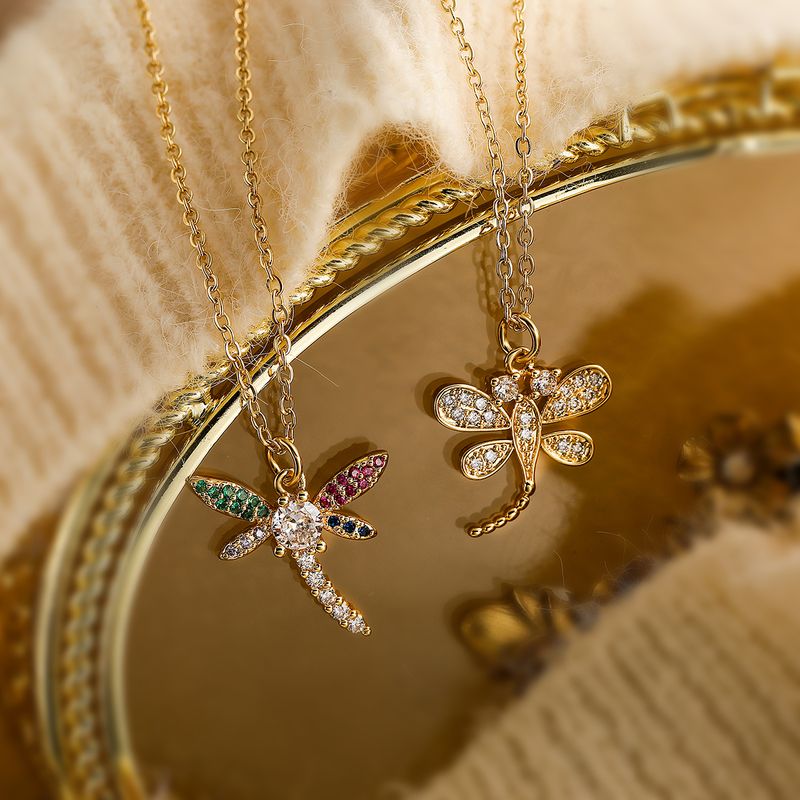 Einfacher Stil Libelle Kupfer Überzug Inlay Zirkon 18 Karat Vergoldet Halskette Mit Anhänger