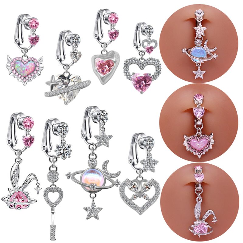 Cute Wedding Bridal Star Heart Shape Stainless Steel Alloy Copper Plating Inlay Artificial Crystal Agate Zircon 14k Gold Plated Silver Plated Belly Ring