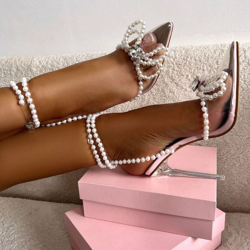 Women's Elegant Solid Color Pearls Point Toe High Heel Sandals