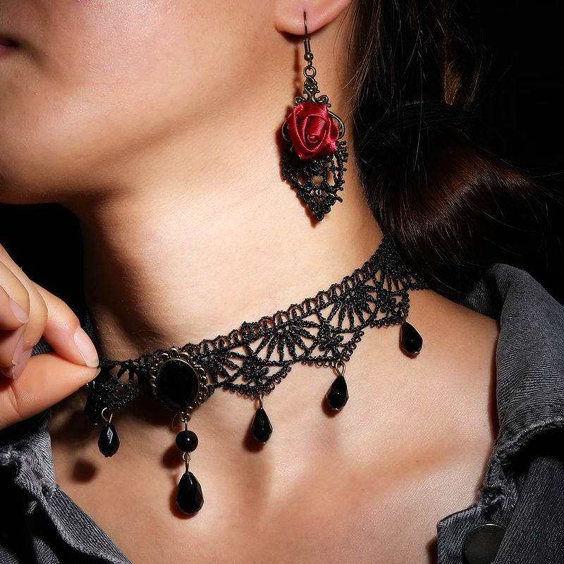 Gothic Sexy Rose Plastic Lace Women's Earrings Necklace