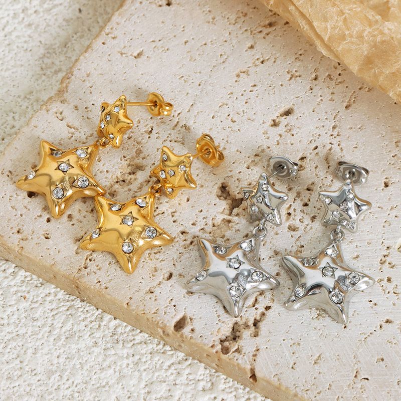 1 Pair Luxurious Pentagram Plating Inlay Titanium Steel Rhinestones 18k Gold Plated Earrings