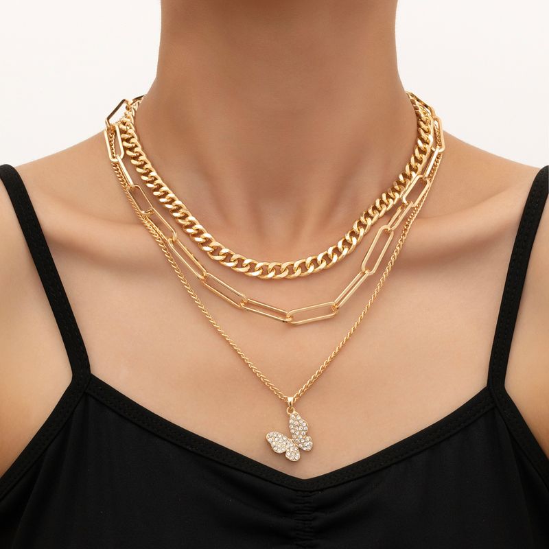 Hip-hop Rock Punk Butterfly Alloy Plating Inlay Zircon Gold Plated Women's Three Layer Necklace