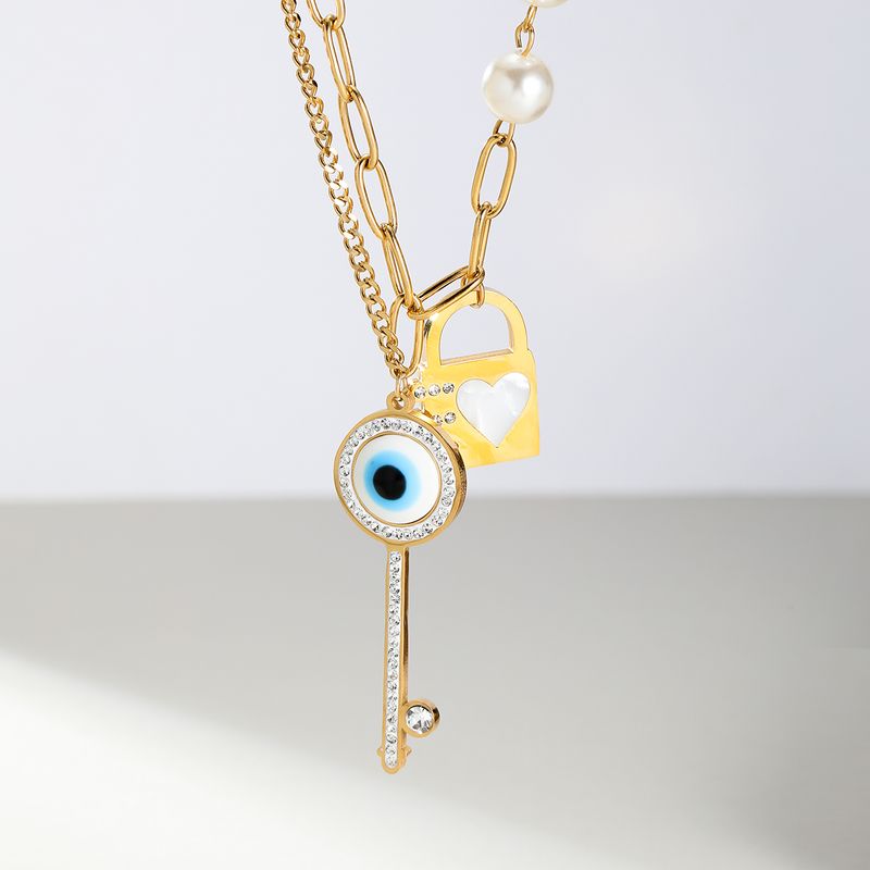 201 Stainless Steel Plastic 18K Gold Plated Modern Style Shiny Plating Inlay Key Lock Zircon Pendant Necklace