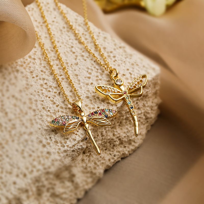 Einfacher Stil Pendeln Libelle Kupfer Überzug Inlay Zirkon 18 Karat Vergoldet Halskette Mit Anhänger