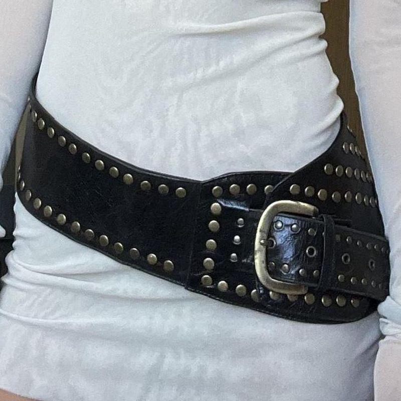 Retro Punk Solid Color Pu Leather Rivet Women's Woven Belts