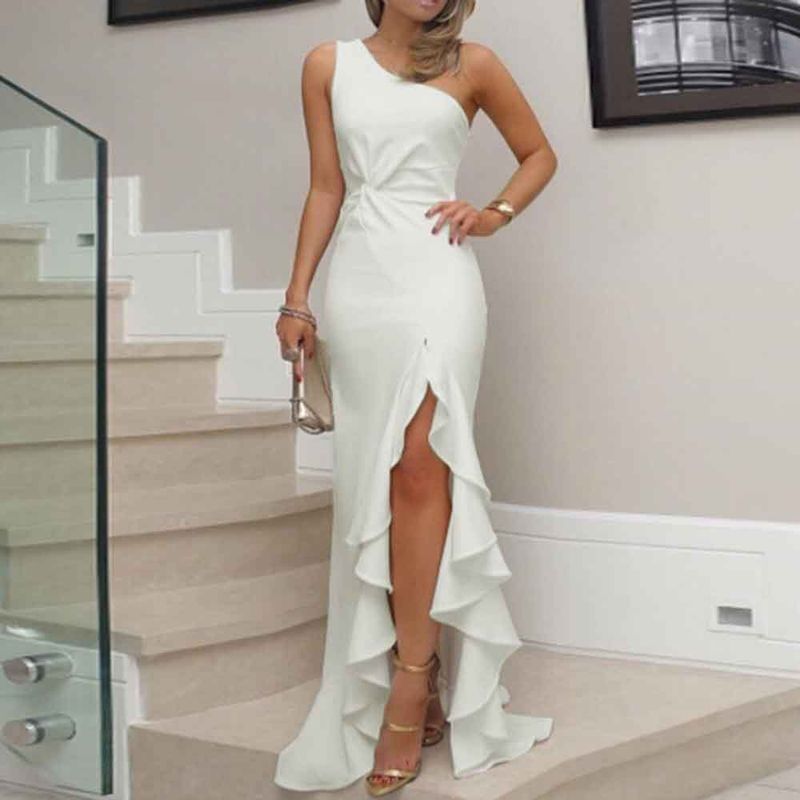 Women's Sheath Dress Elegant Sexy Formal Oblique Collar Thigh Slit Ruffle Hem Pleated Sleeveless Solid Color Maxi Long Dress Banquet Party Cocktail Party