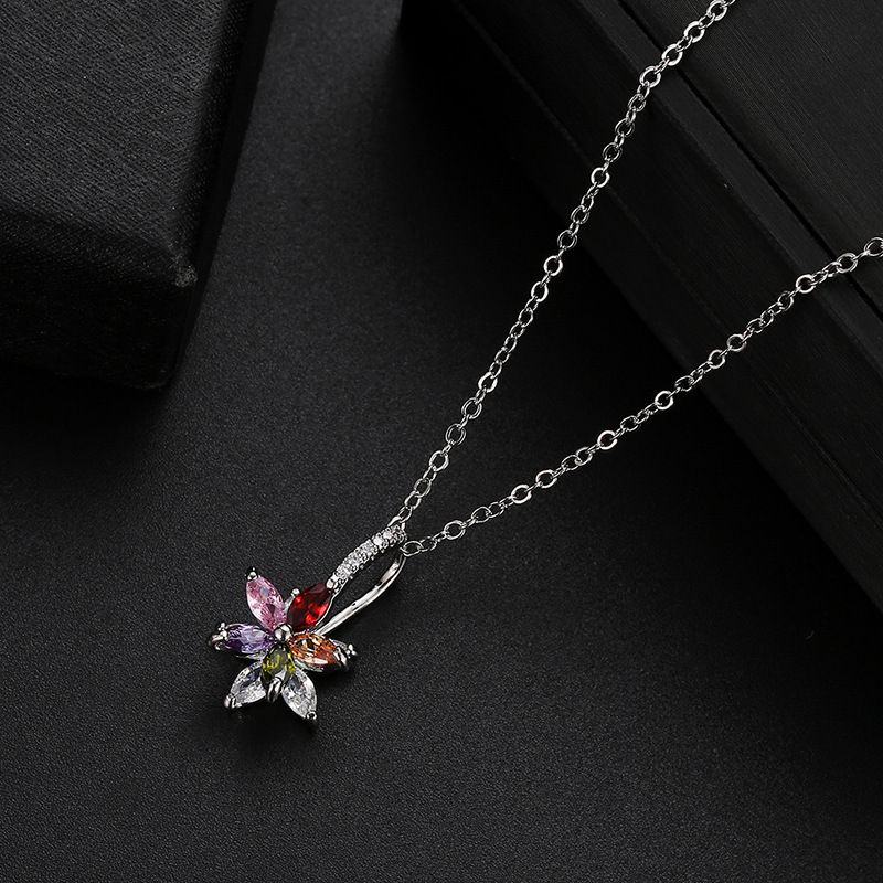 Wholesale Simple Style Flower 304 Stainless Steel Copper Plating Inlay Rhodium Plated Zircon Necklace Pendant
