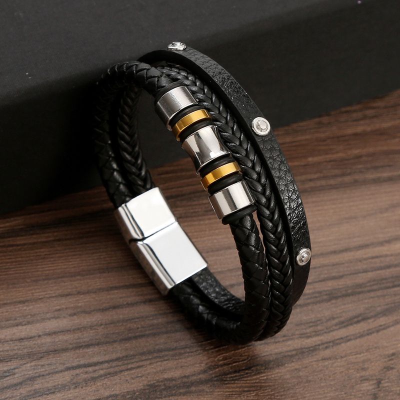 Clásico Rock Estilo Británico Color Sólido Acero Inoxidable Cuero Sintético Hombres Brazalete