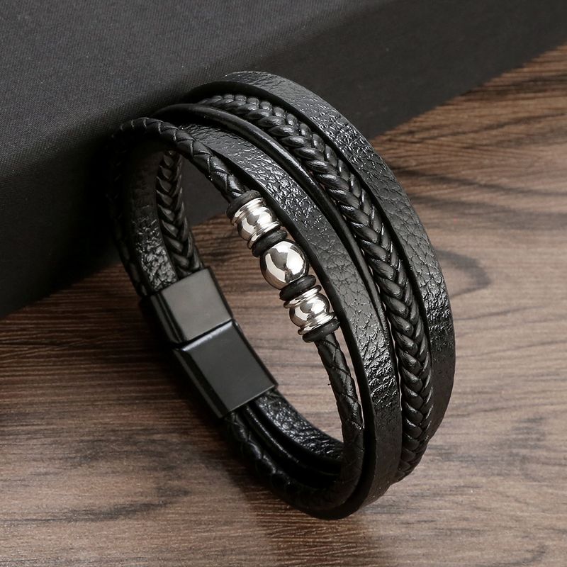 Classical Rock Roman Style Solid Color Pu Leather Alloy Men'S Bangle
