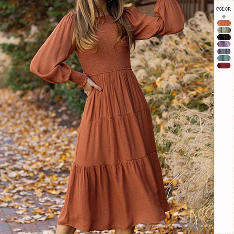 Women's Swing Dress Casual Vintage Style Round Neck Long Sleeve Solid Color Midi Dress Daily