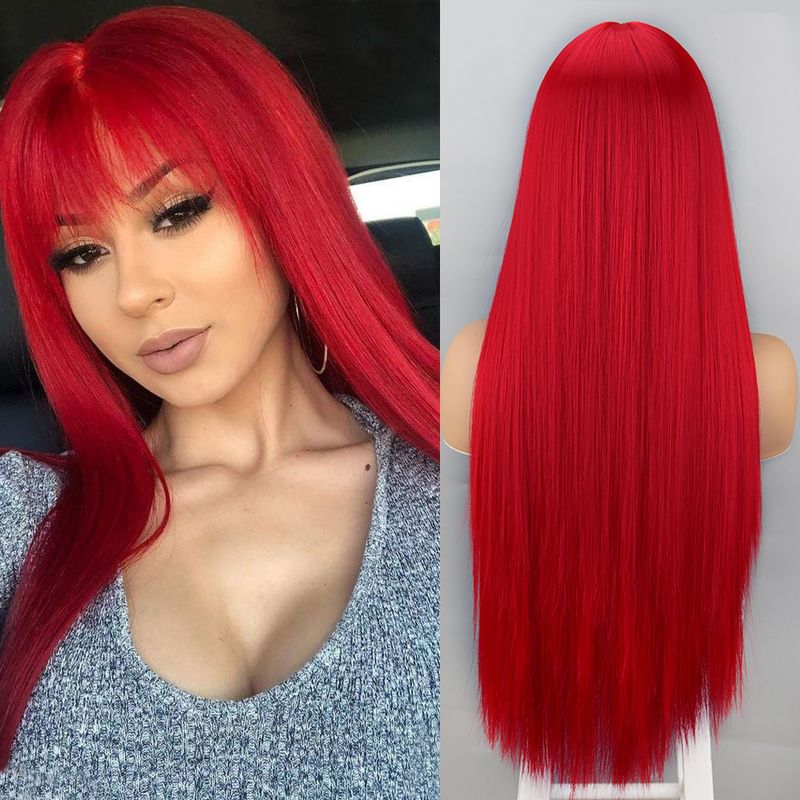 Female Wine-red Head Straight Bangs Hair Synthetic Wigs Wigs