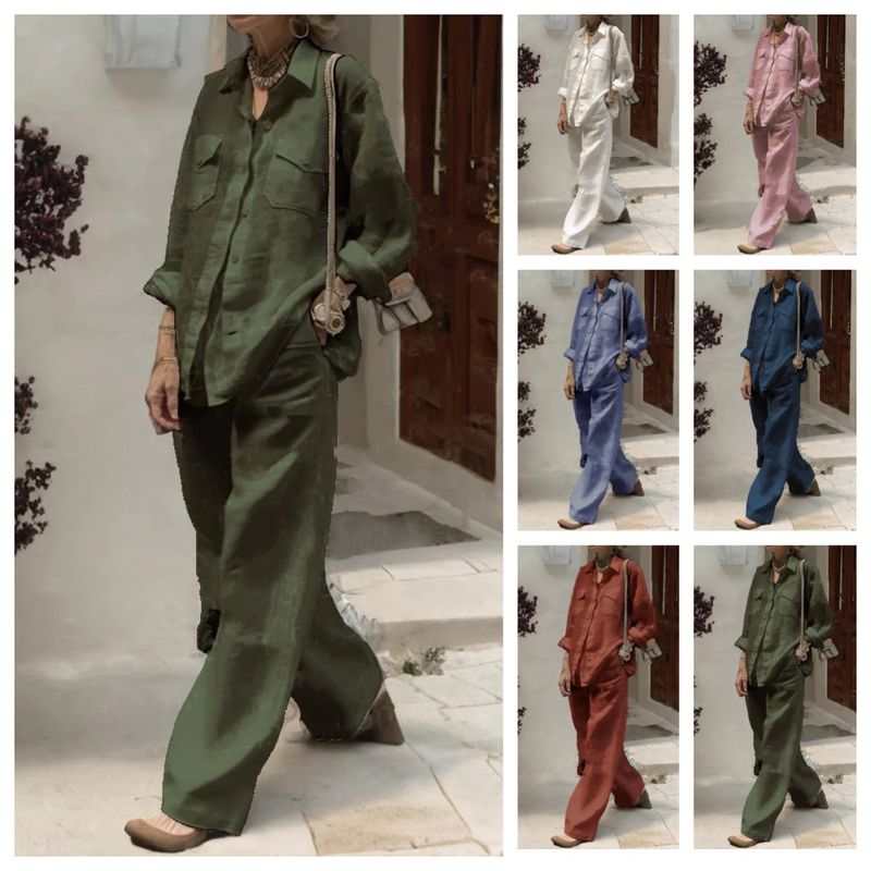 Daily Women's Casual Solid Color Cotton And Linen Pocket Pants Sets Pants Sets