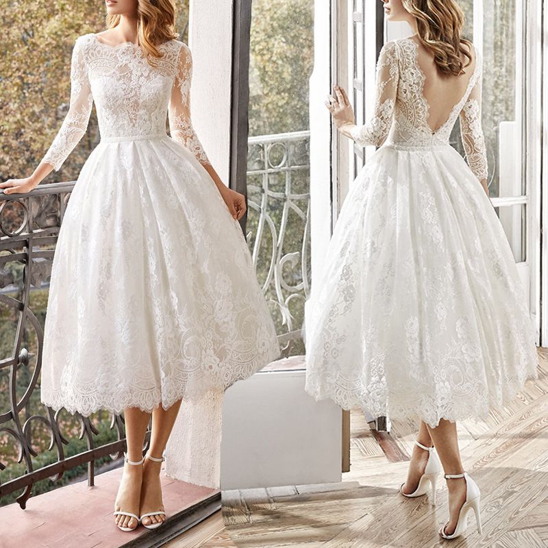 Wedding Dress Elegant Romantic Round Neck Lace Nine Points Sleeve Solid Color Midi Dress Wedding
