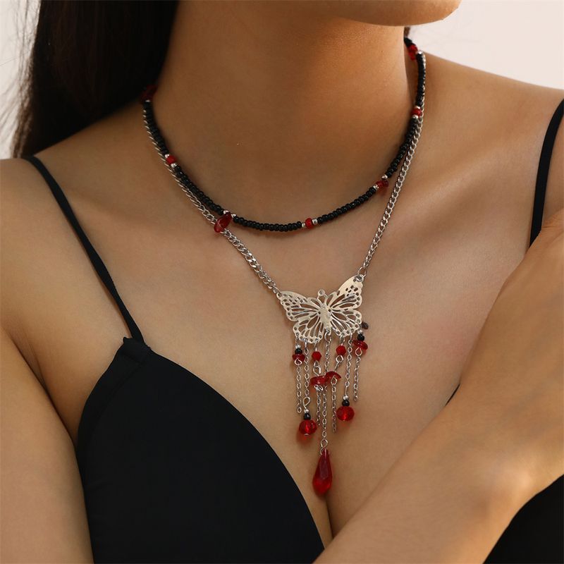 Gothic Hip-hop Exaggerated Butterfly Alloy Layered Tassel Inlay Glass Stone Women's Pendant Necklace