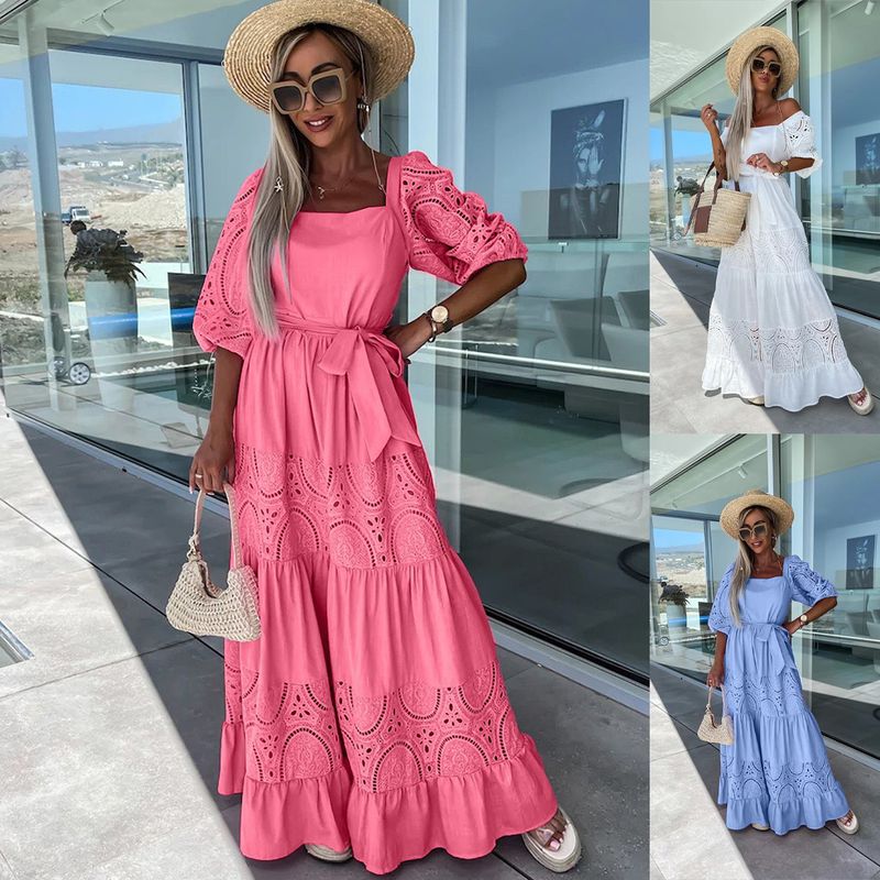 Women's Swing Dress Vacation Square Neck Hollow Out Half Sleeve Solid Color Maxi Long Dress Holiday