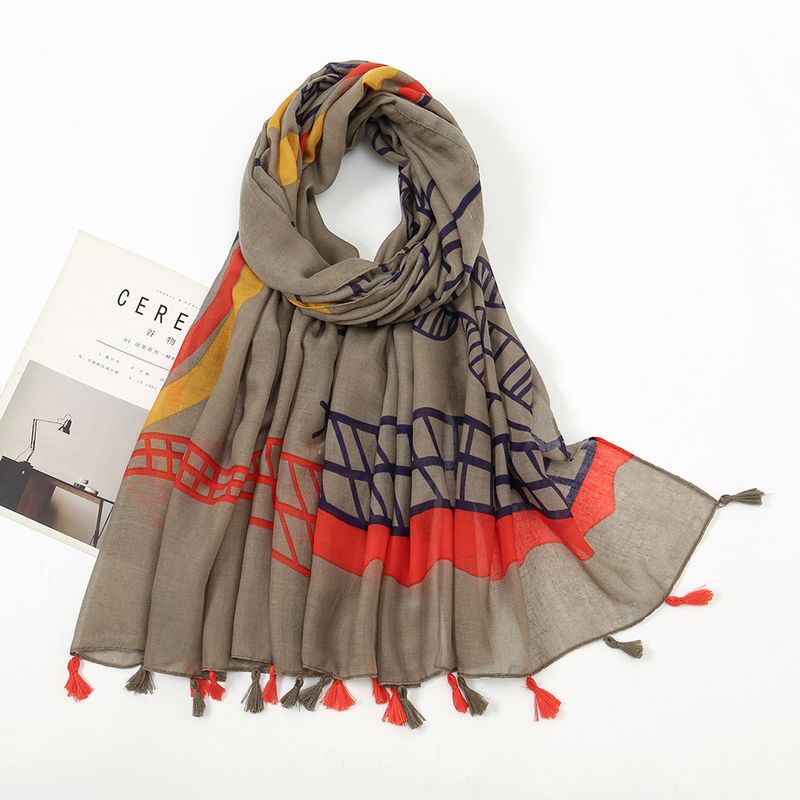 Frau Elegant Streifen Netz Baumwolle Und Leinen Drucken Schal