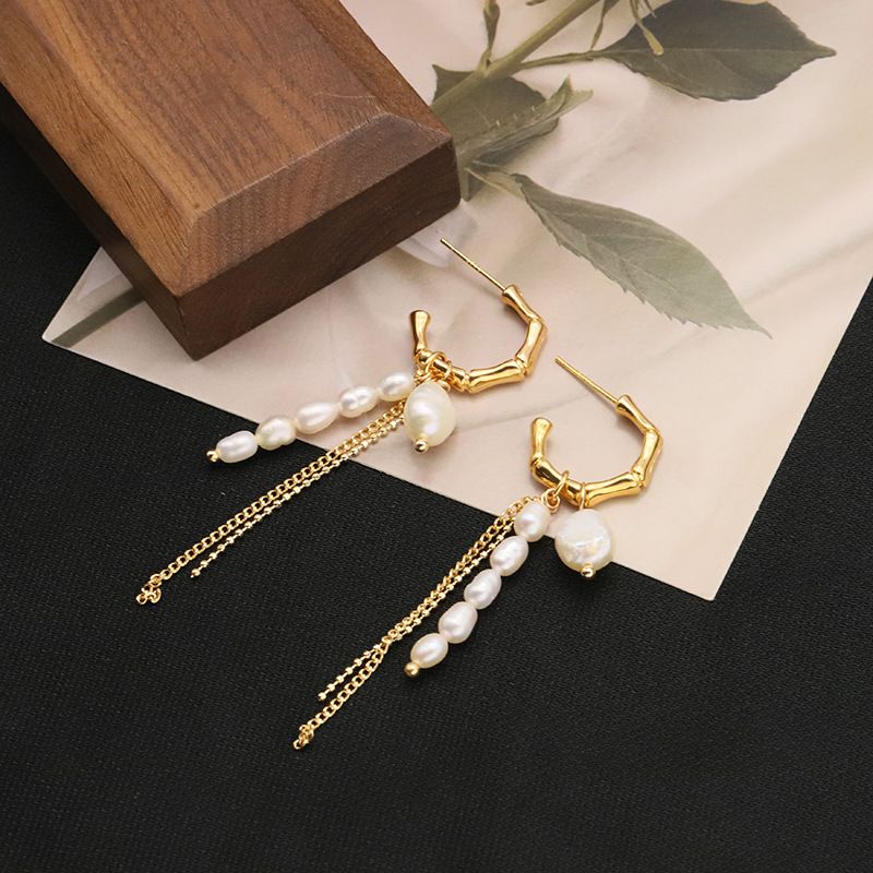 1 Pair Vintage Style Solid Color Plating Freshwater Pearl Sterling Silver 18k Gold Plated Drop Earrings