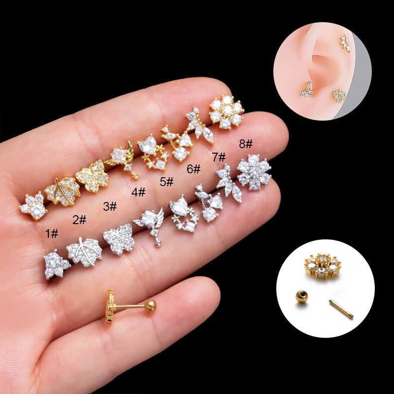 1 Piece French Style Simple Style Leaves Flower Butterfly Plating Inlay Copper Zircon Cartilage Earrings