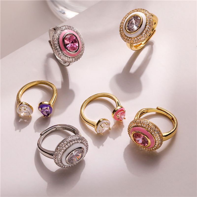 Elegant Round Color Block Copper Enamel Inlay Zircon 18k Gold Plated Open Rings