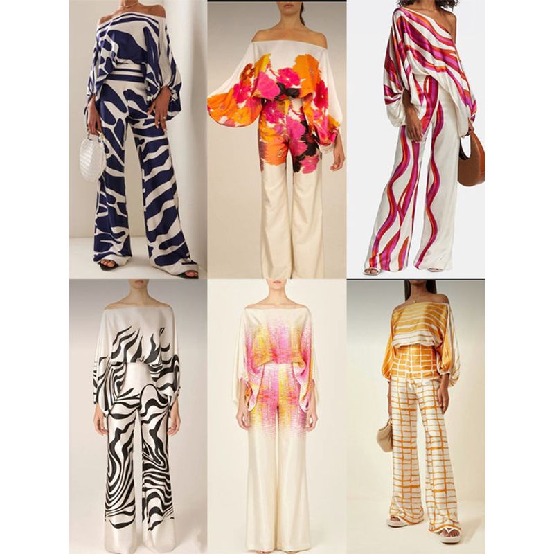 Women's British Style Color Block Polyester Printing Pants Sets