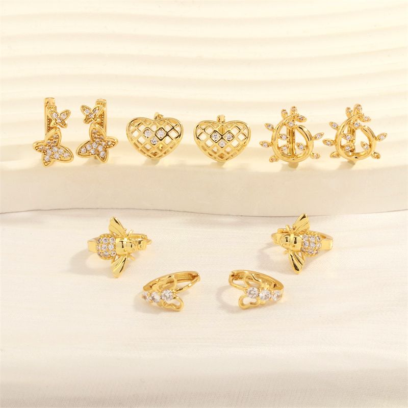 1 Pair Simple Style Commute Heart Shape Bee Butterfly Plating Inlay Copper Zircon 18k Gold Plated Earrings