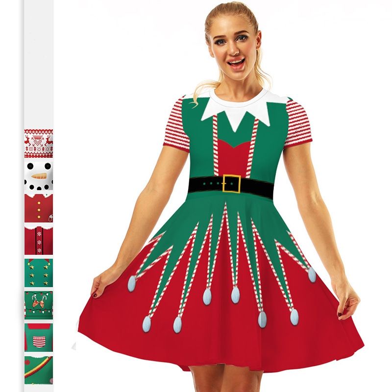 Women's Swing Dress Christmas Round Neck Printing Short Sleeve Christmas Pattern Above Knee Party Festival