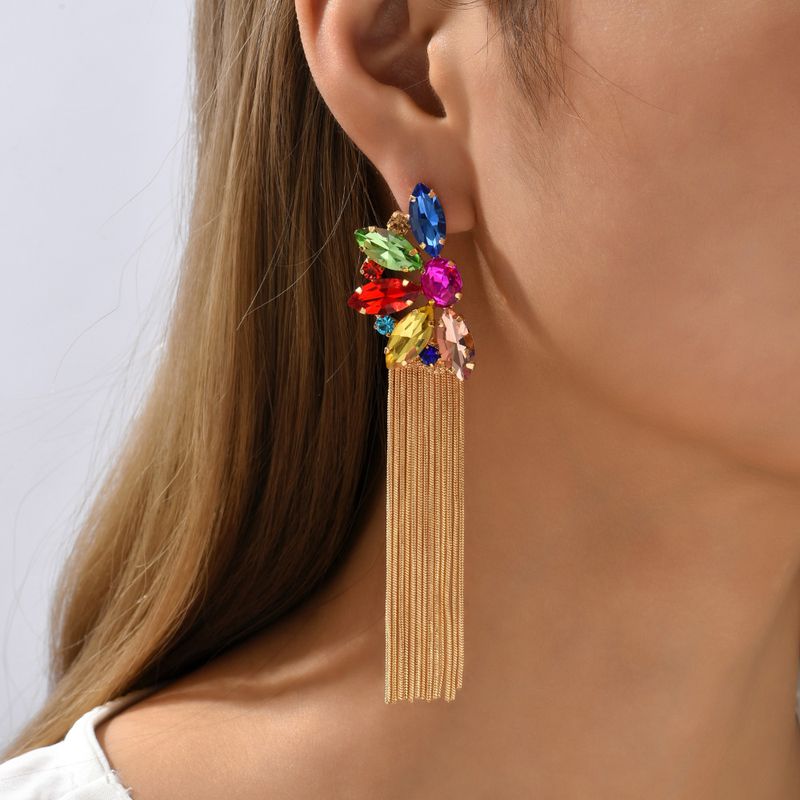 Wholesale Jewelry Retro Exaggerated Oval Tassel Zinc Alloy Glass Plating Inlay Drop Earrings