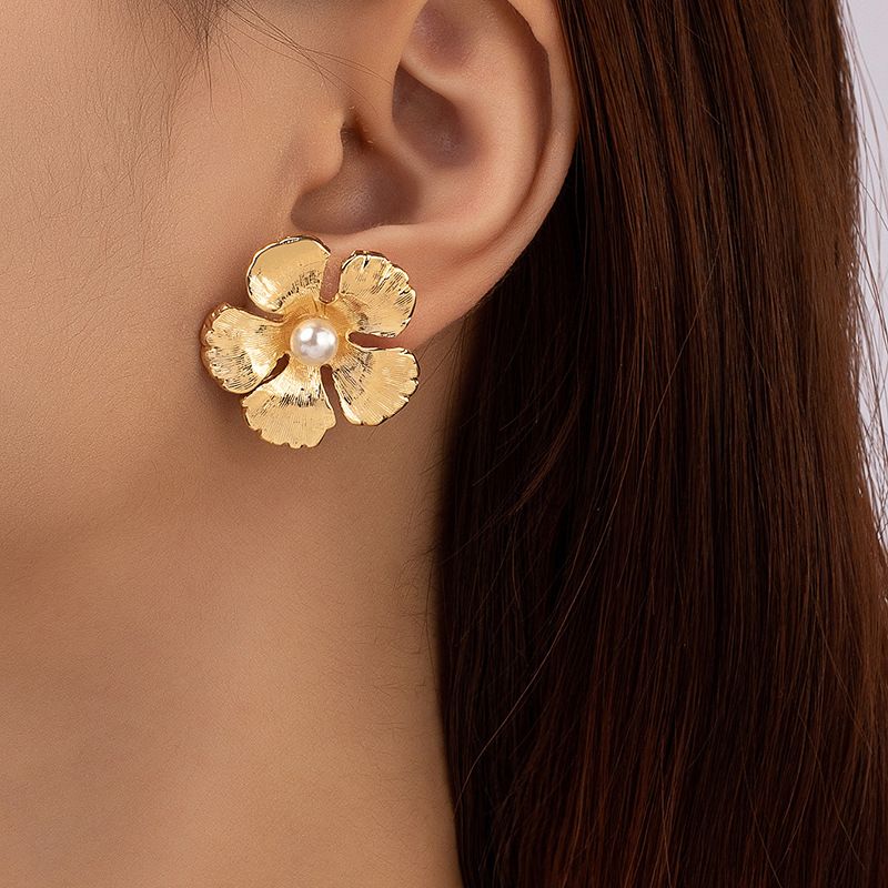 1 Paire Style Simple Fleur Incruster Alliage Perle Boucles D'oreilles