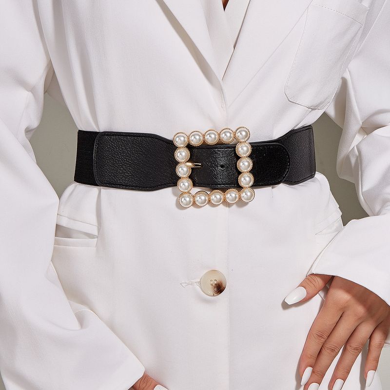 Estilo Simple Cuadrado Aleación Metal Embutido Perla Mujeres Cinturones De Cuero