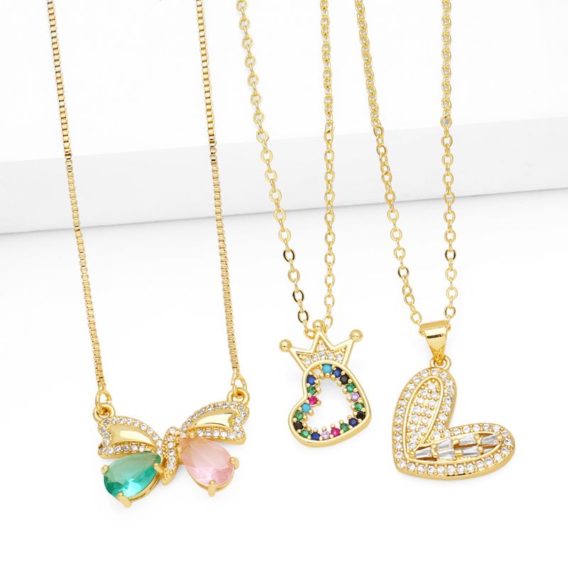 Ig Style Fashion Simple Style Heart Shape Bow Knot Copper 18k Gold Plated Zircon Necklace In Bulk