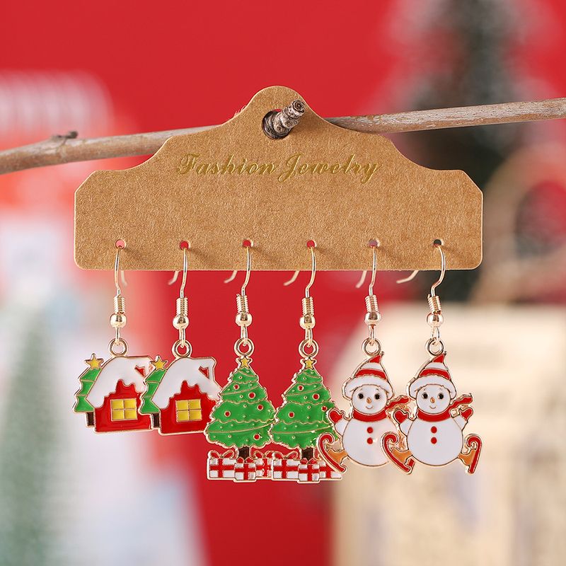 3 Pairs Cute Christmas House Christmas Tree Snowman Alloy Drop Earrings