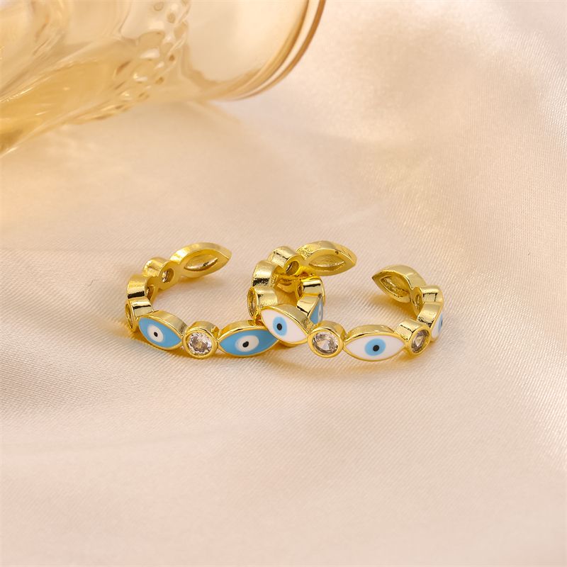 Casual Vintage Style Cool Style Eye Stainless Steel Enamel Plating Inlay Rhinestones 18k Gold Plated Open Rings