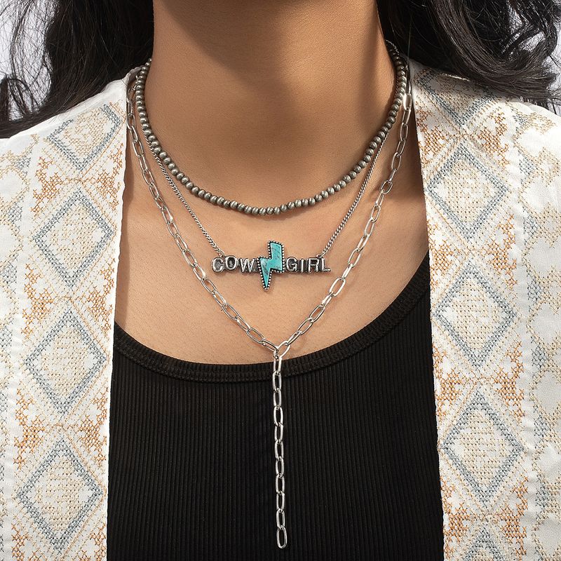 Hip-hop Retro Letter Beaded Metal Chain Inlay Turquoise Women's Three Layer Necklace