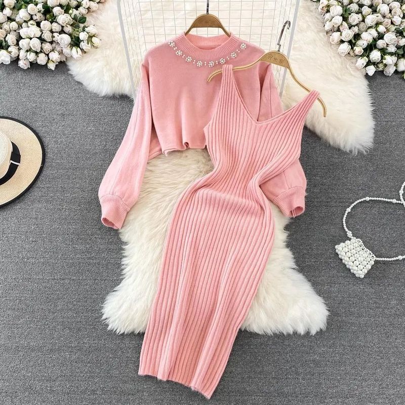 Women's Two Piece Dress Casual Elegant V Neck Round Neck Long Sleeve Solid Color Midi Dress Daily Street