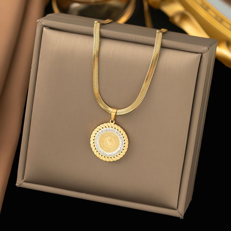 Acero Inoxidable 304 Chapados en oro de 18k Estilo Simple Enchapado Embutido Retrato Ronda Diamantes De Imitación Artificiales Pulsera Aretes Collar