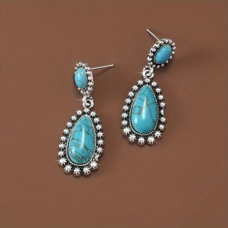 Bijoux En Gros Rétro Les Gouttelettes D'eau Alliage Turquoise Incruster Boucles D'oreilles