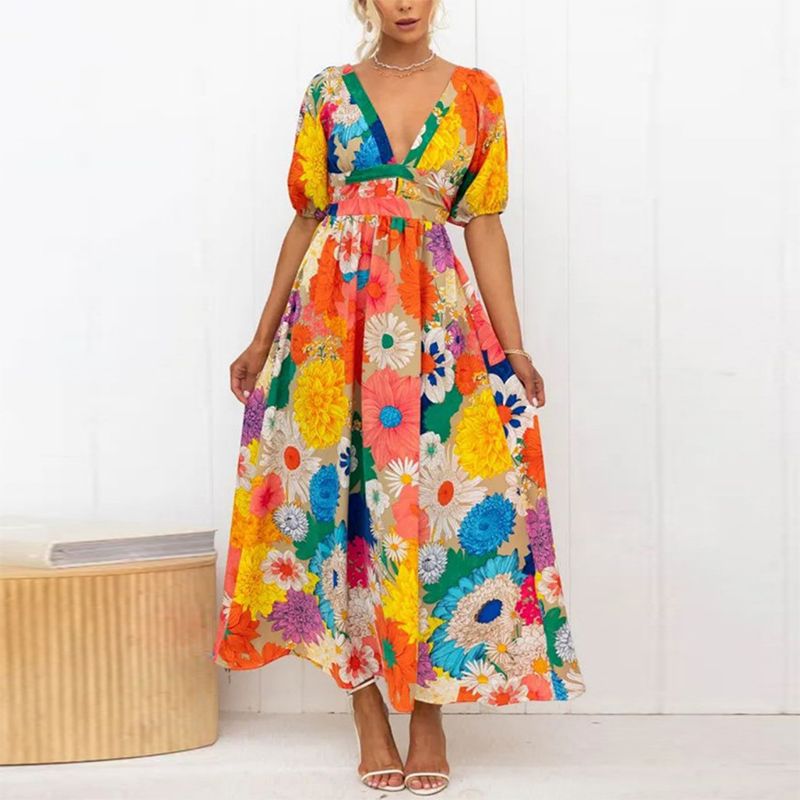 Women's Swing Dress Casual Vacation V Neck Printing Short Sleeve Flower Maxi Long Dress Holiday