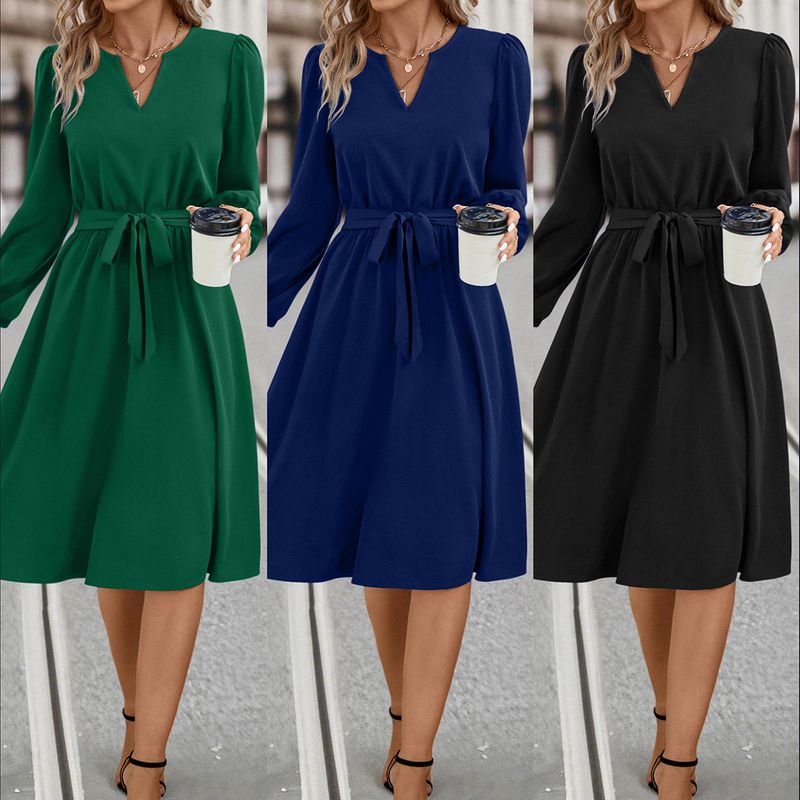Women's Swing Dress Casual V Neck Long Sleeve Solid Color Midi Dress Daily Street