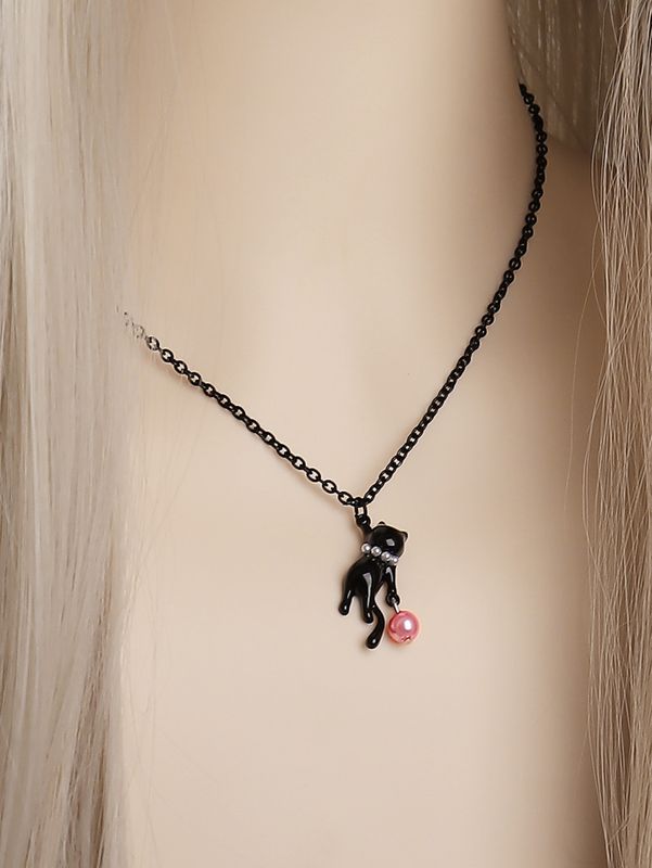 Casual Cute Cat Alloy Three-dimensional Inlay Artificial Pearls Women's Pendant Necklace