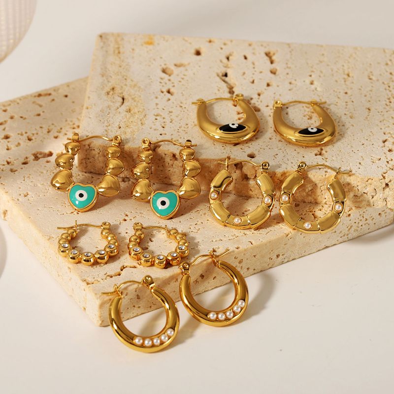 1 Paar Vintage-Stil Teufels Auge Herzform Überzug Inlay 201 Edelstahl Strasssteine Perle 18 Karat Vergoldet Reif Ohrringe
