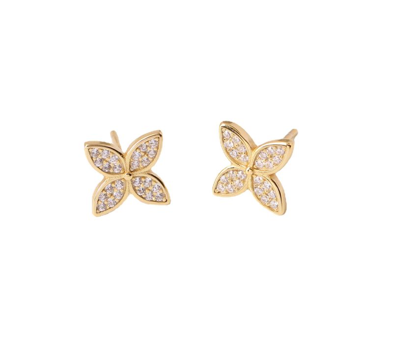 1 Pair Cute Sweet Flower Inlay Sterling Silver Zircon Gold Plated Ear Studs