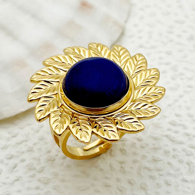 304 Stainless Steel Gold Plated Elegant Retro British Style Plating Inlay Flower Artificial Gemstones Open Rings