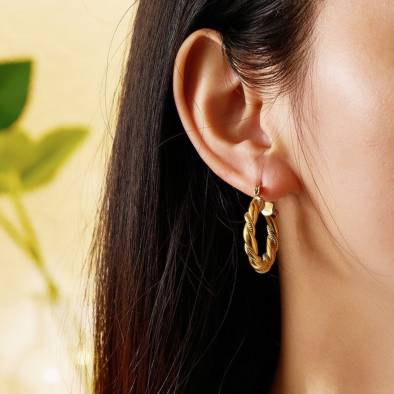 1 Piece Vintage Style Simple Style Twist Plating Stainless Steel Gold Plated Hoop Earrings